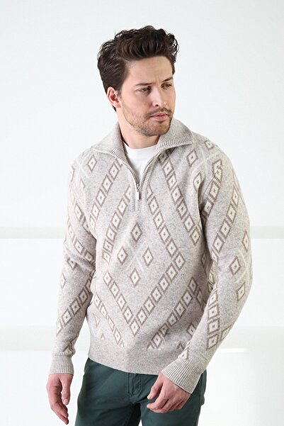 Ferraro A.Beige Square Patterned Stand Collar 100% Lamb Wool Men's Sweater