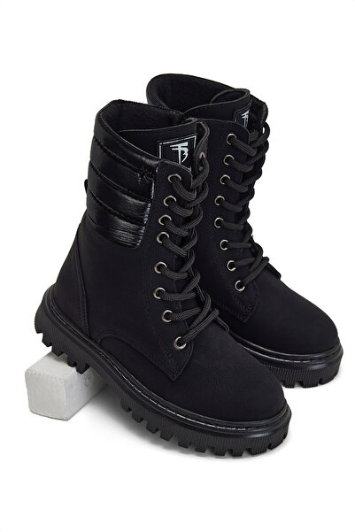 Tonny Black Girl's Black Thermo Sole Side Quilted Patterned Laced and Zippere...