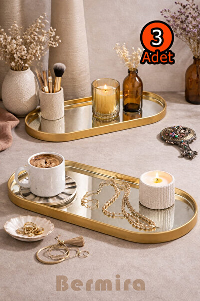 BERMİRA Home Collection 3'lü Oval Aynalı Sunumluk Altın Gold 12x30 İkramlık K...