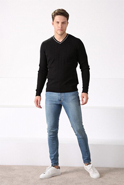Ferraro Pulover negru din bumbac pentru bărbați, cu decolteu în V