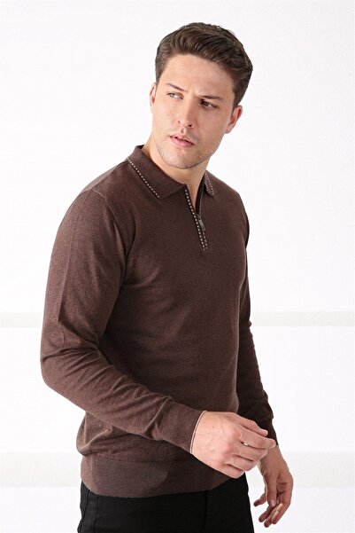 Ferraro Pulover din bumbac pentru bărbați, maro, cu guler polo și fermoar