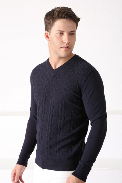 Ferraro Синій V-подібний комір Чоловічий бавовняний светр