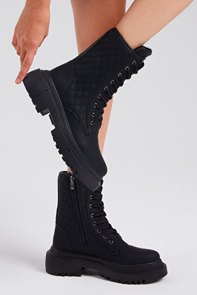 Tonny Black Dámské černé kožené prošívané vzorované pohodlné dlouhé kozačky s...