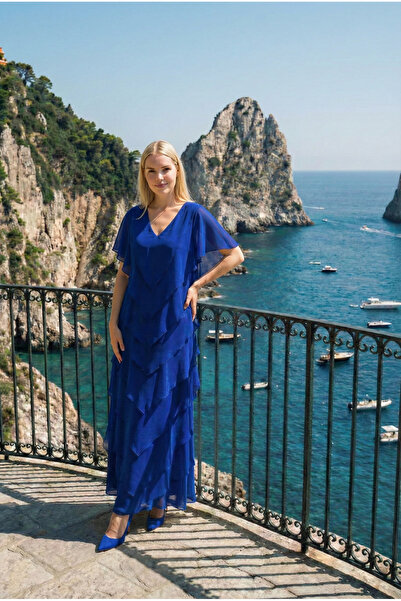 Romina Samara Omuz Dekolteli Volanlı Uzun Abiye Şifon Davet ve Düğün Elbisesi