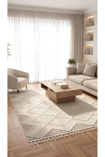 Eliz Home Krem Bej Modern Dokuma Halı Bukleli Yolluk Antre Oturma Odası Salon...