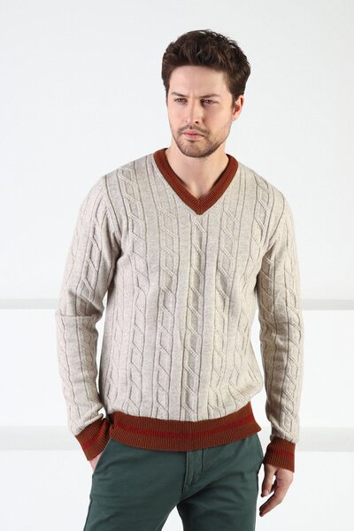 Ferraro A.Beige/Tan V-Neck 100% Lamb Wool Men's Sweater