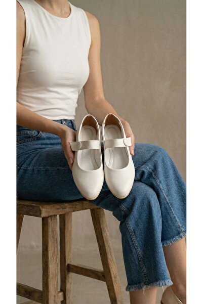 Beyond Women's White Leather Rubber Buckle Ballerinas 1.5cm Byndi̇mj03