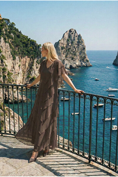 Romina Samara Omuz Dekolteli Volanlı Uzun Abiye Şifon Davet ve Düğün Elbisesi