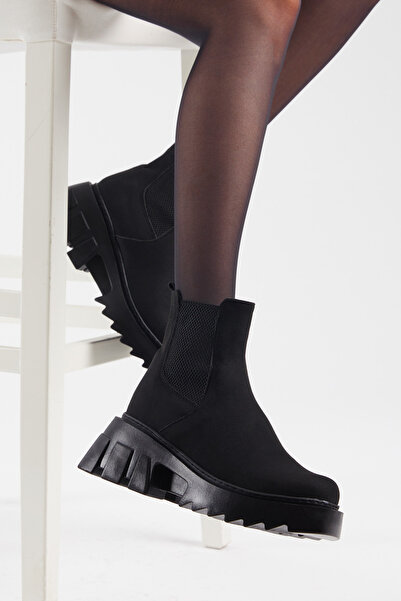 Tonny Black Dámské černé semišové pohodlné elastické boty s tlustou podrážkou