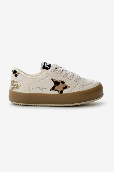 Tonny Black Çocuk Unisex Bej Leopar Termo Taban Yıldız Detaylı Bağcıklı ve Cırtlı Spor Ayakkabı