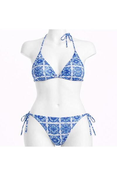 VAJESTO Women's Blue Triangle Bikini Set Lycra Stretchy Side Halter Neck Styl...