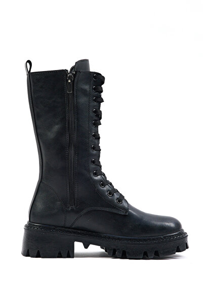 Tonny Black Γυναικείες μπότες με άνετη εφαρμογή με κορδόνια σε μαύρο δέρμα