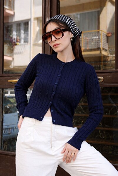 Butik Una Fiaba- Navy Blue Color Knitted Buttoned Women's Knitwear Cardigan