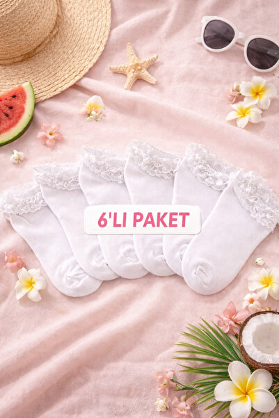 KAŞE ÇORAPLARİ Kız Çocuk Beyaz Dantelli 6 lı Pamuklu Çorap