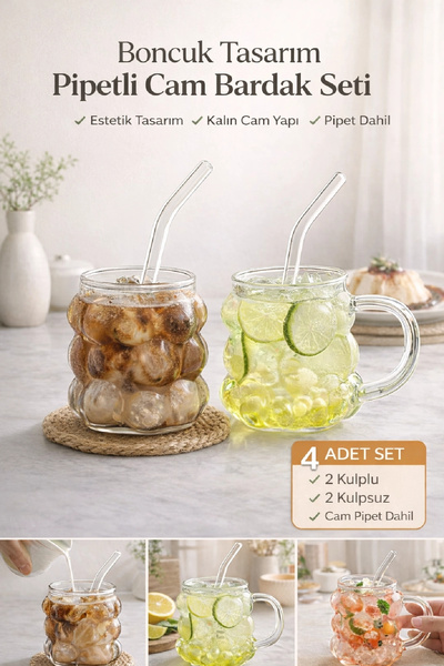 Berdina Home 4lü Üzüm Tanesi Boncuklu Pipetli Cam Bardak 350ml Kulplu Kulpsuz...