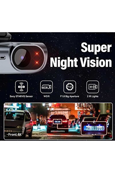 MOGODA Cameră auto inteligentă 4K WiFi, înregistrare 170°, rezoluție 4K UHD 3840x2160, vedere nocturnă, senzor G.
