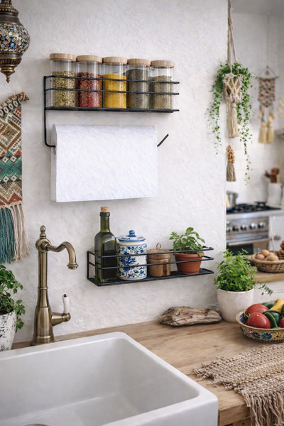 KARTEYA Yapışkanlı Mutfak Rafı Baharatlık 2Li Metal Kağıt Havluluk Siyah  Sta...