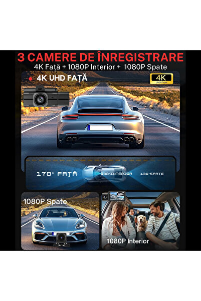 MOGODA Cameră auto triplă 4K + 1080P + 1080P, Wi-Fi 5GHz, GPS, Viziune nocturnă IR, Monitorizare 24/7, Senzor G