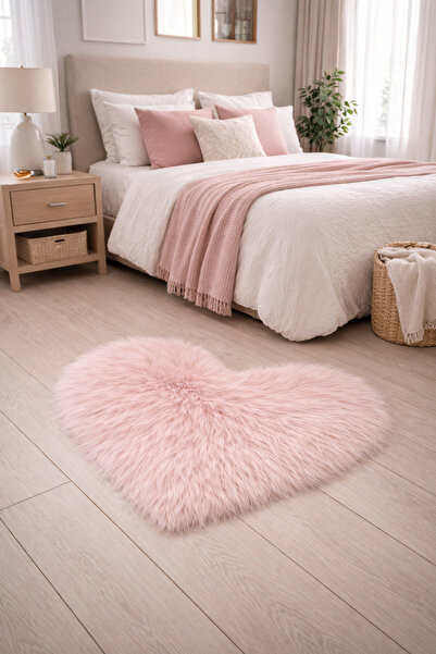 EYPRICH Kuzu Post Peluş Premium Kalp Desen Yumuşak Tüylü Halı - Pembe