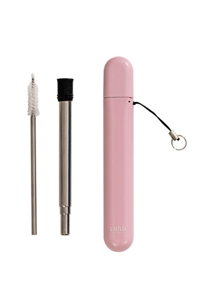 Lund London علبة سكيتلز سترو مدى الحياة - علبة مع ماصة وفرشاة - وردي