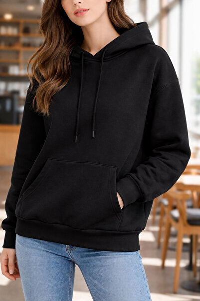 AYDENİZ GİYİM سويت شيرت نسائي أسود بغطاء رأس بجيب الكنغر ذو تصميم مريح