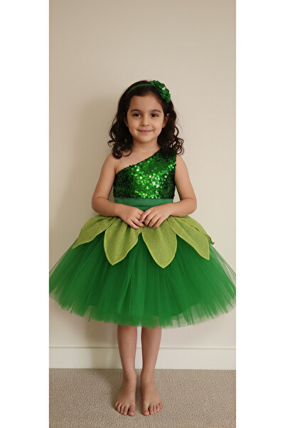 ÖZEL DİKİM Tinker Bell Yeşil Simli Payet Kostüm Elbise Doğum Günü / Parti
