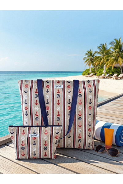 Ays Quilt Sea Themed Large Beach Bag Sailing & Anchor Pattern