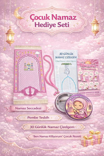 simply line Erkek Kız Çocuk Seccadesi ben Namaz Kılıyorum Rozeti Tesbih Namaz...