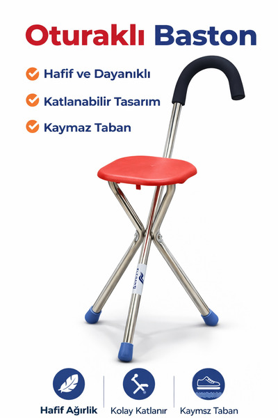 EyluX Shop 3 Ayaklı İthal Alüminyum Oturaklı Baston Sandalye Namaz ve Camii B...
