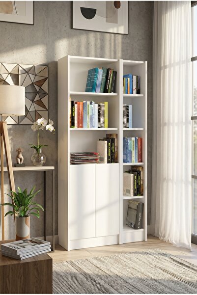 YETİ MOBİLYA Flat85 Kitaplık 2 Kapaklı Kütüphane Çok Amaçlı Dolap Beyaz