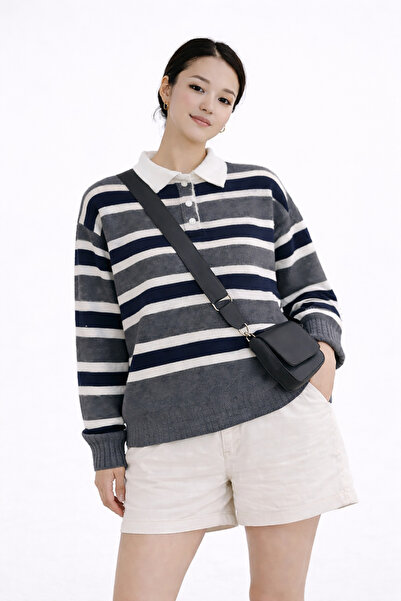 Kırlangıç Moda Antrasit Çizgili Pola Yaka Dügmeli Kadın Triko Kazak