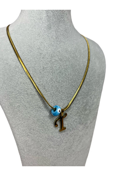 GÜLNAR BİJUTERİ Snake Chain with Evil Eye Beads -T- Letter Pendant- Gold 316L...