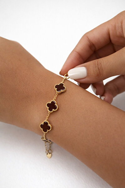 Accessories 925 Ayar Gümüş Altın Kaplama Kahverengi Yonca Bileklik Minimal Ka...