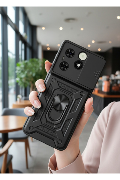 Hatreds Tecno Spark 20 Kılıf Magnetik Standlı Sürgülü Kamera Korumalı TPU Tan...