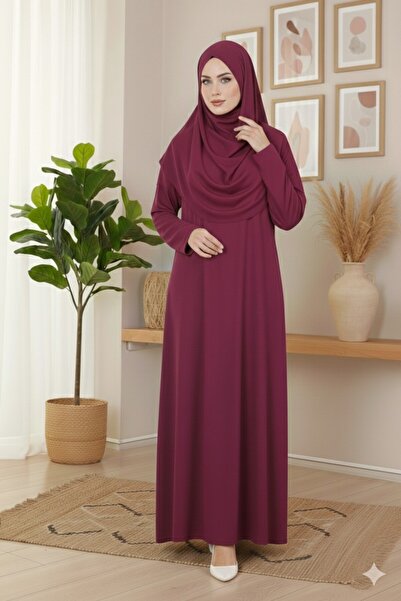 REY-VİA Kolay Giyilebilen Başörtülü Tek Parça Namaz Elbisesi Mürdüm