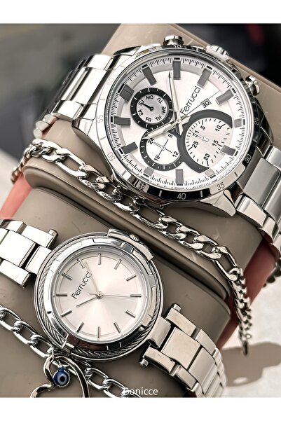Ferrucci Marka Gümüş Renk Çelik Kordon Sevgili Çift Kol Saatleri +Bileklik