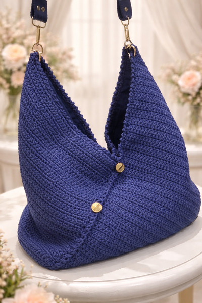 Handmade BereketHome Exclusive: Lacivert Makrome Örgü Hobo Çanta