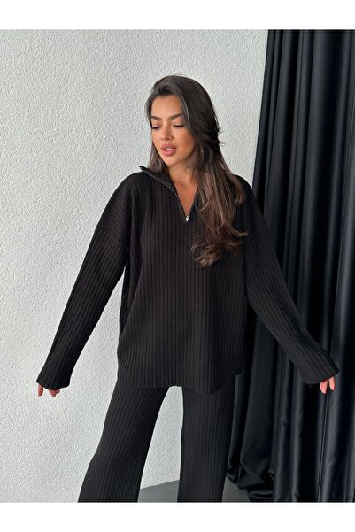 Tünel moda Premium-Strickwaren-Tunika- und Hosen-Set – Reißverschluss-Detail