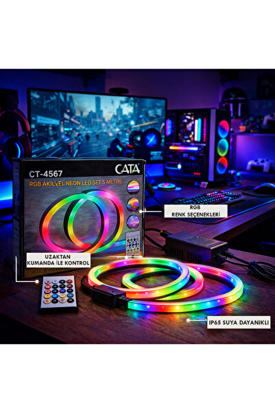 Cata KUMANDALI USB 5 METRE RGB NEON PİXEL LED ŞERİT AMBİYANS AYDINLATMA (YENİ...