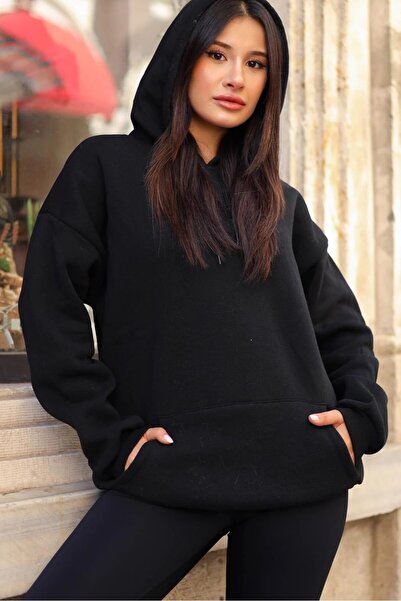 Güven Collection Unisex siyah kapüşonlu basic sweatshirt