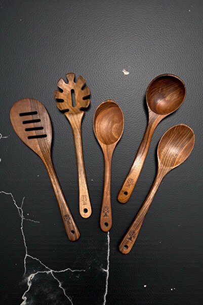 Öz ahsap El yapımı Koyu Ceviz 5 Parça Luks Tahta Kaşık Spatula Ahşap Mutfak Seti