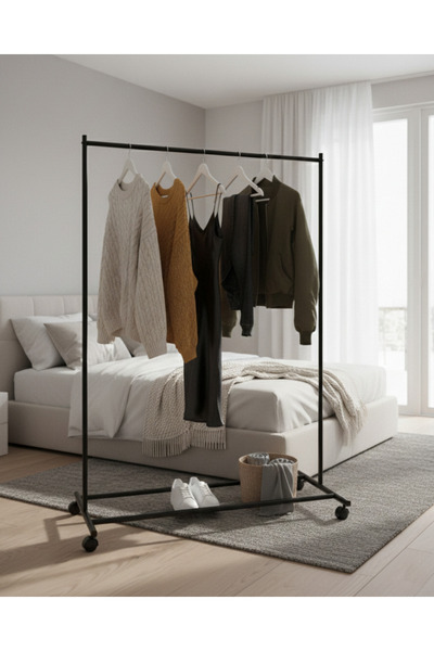 Metaliz SİYAH Pratik Tekerlekli Konfeksiyon Askısı - Kıyafet Standı ve Organizer