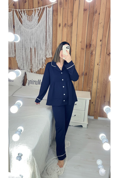 ByGamzeArman Koyu Lacivert Renk Pamuk Kumaş Geniş Kalıp Hamile Lohusa Pijama ...