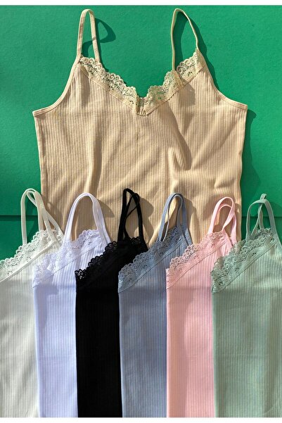 VicTroy Dantelli 7’li Ip Askılı Pamuk Fitilli Kadın Atlet ( Mavi, Siyah, Beya...