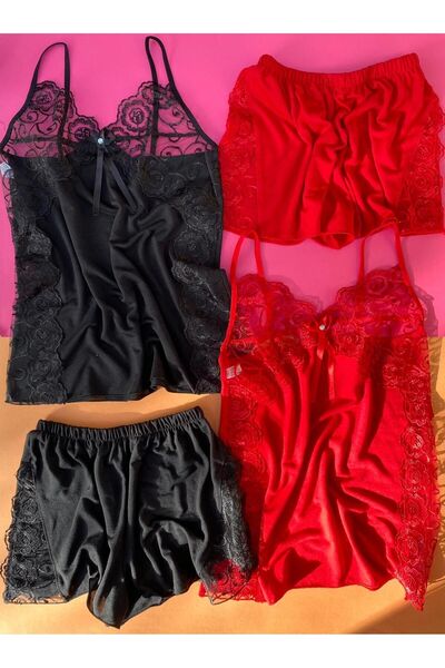VicTroy طقم ثوب نوم من الدانتيل باللونين الأسود والأحمر مكون من قطعتين من الف...