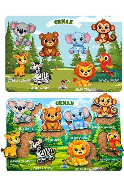 Minçu Toys Türkçe İngilizce ,Orman Hayvanları,Eğitici Ahşap Bul Tak Oyuncağı,...