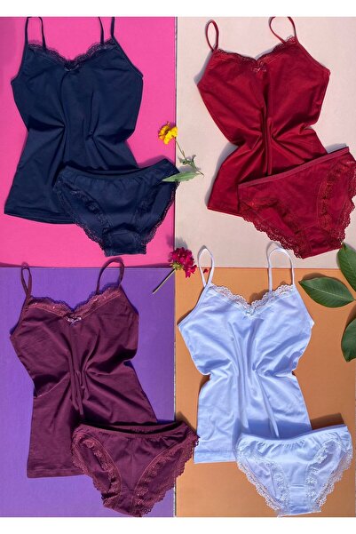 VicTroy 4 штуки бавовняних ліфчиків з мереживом, кольору темно-синього, білог...