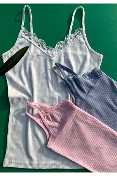 VicTroy الدانتيل 3 قطعة حبل الأشرطة القطن مضلع ليكرا الوردي والأزرق والإكرو ا...