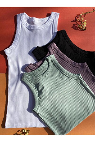 VicTroy Ribbed Cotton Women's Tank Top - Halter Collar, 4-Piece Lycra