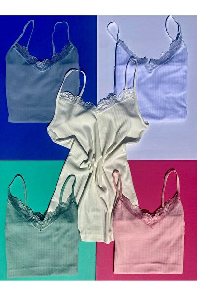 VicTroy Cotton, Lycra 5-Piece Ribbed and Lace V-Neck Women's Tank Top